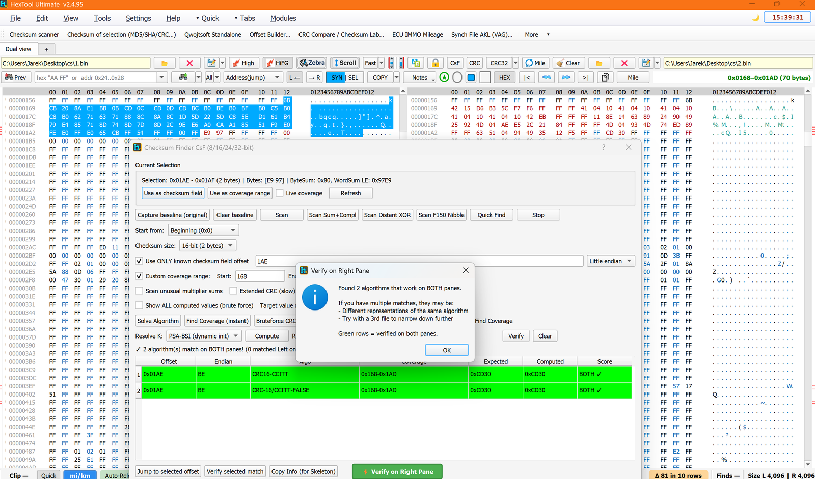 Verify on Right Pane — 2 algorithms confirmed on both panes