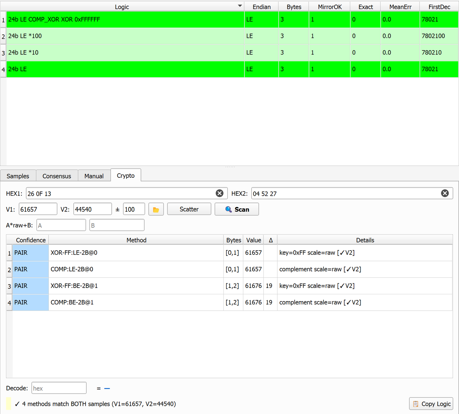 Crypto tab finding transforms between two known samples