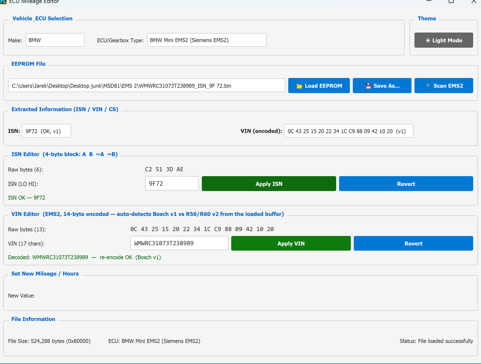 ECU Mileage Editor — EMS2 v1 (Bosch) with ISN and VIN decoded