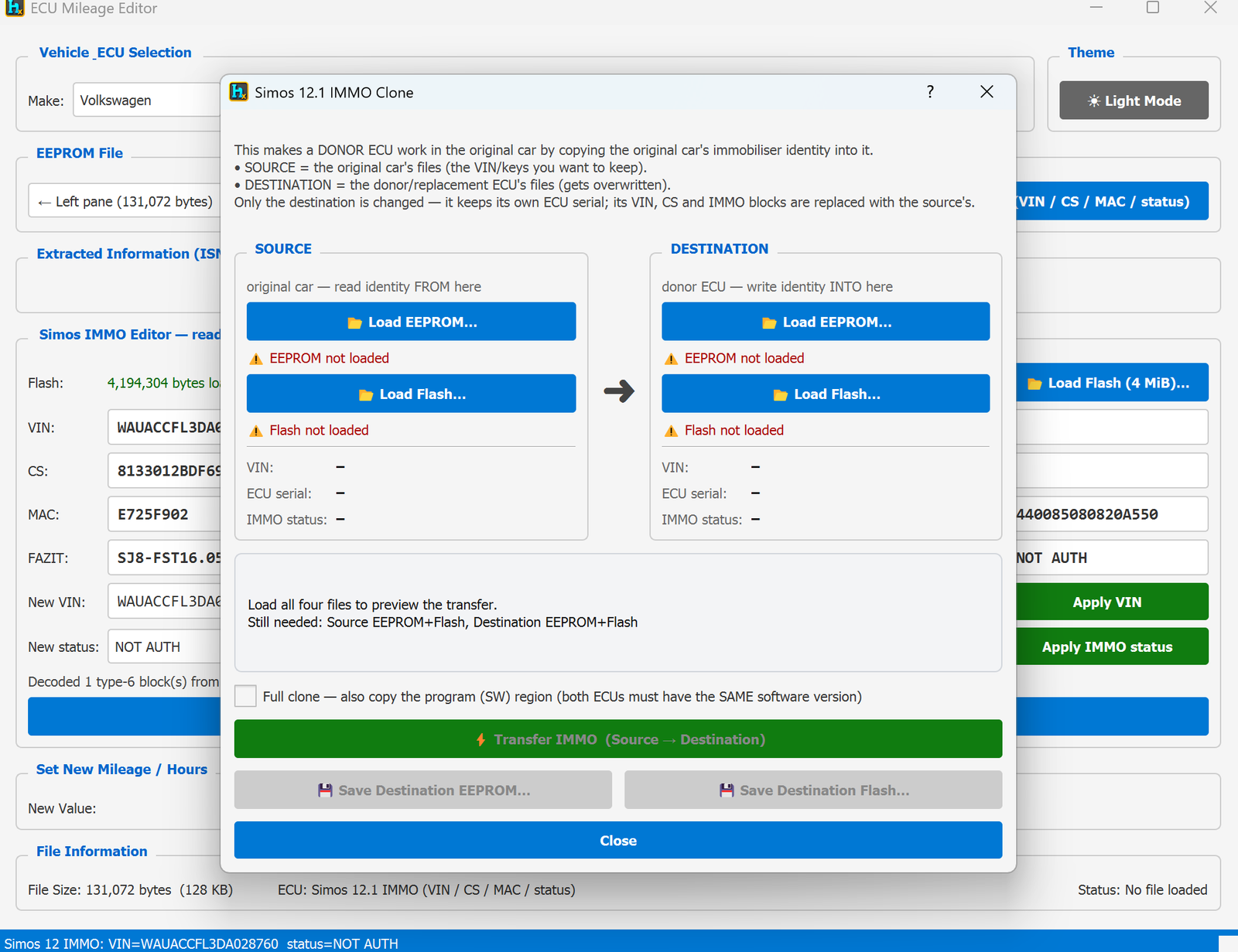 IMMO Clone dialog — Source/Destination file loading and Transfer
