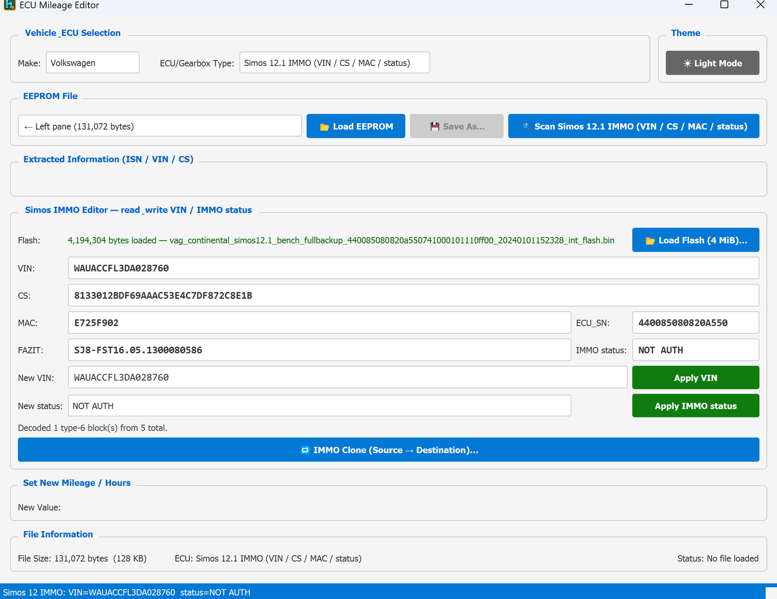 Simos 12.1 IMMO — decoded FAZIT and IMMO status = NOT AUTH