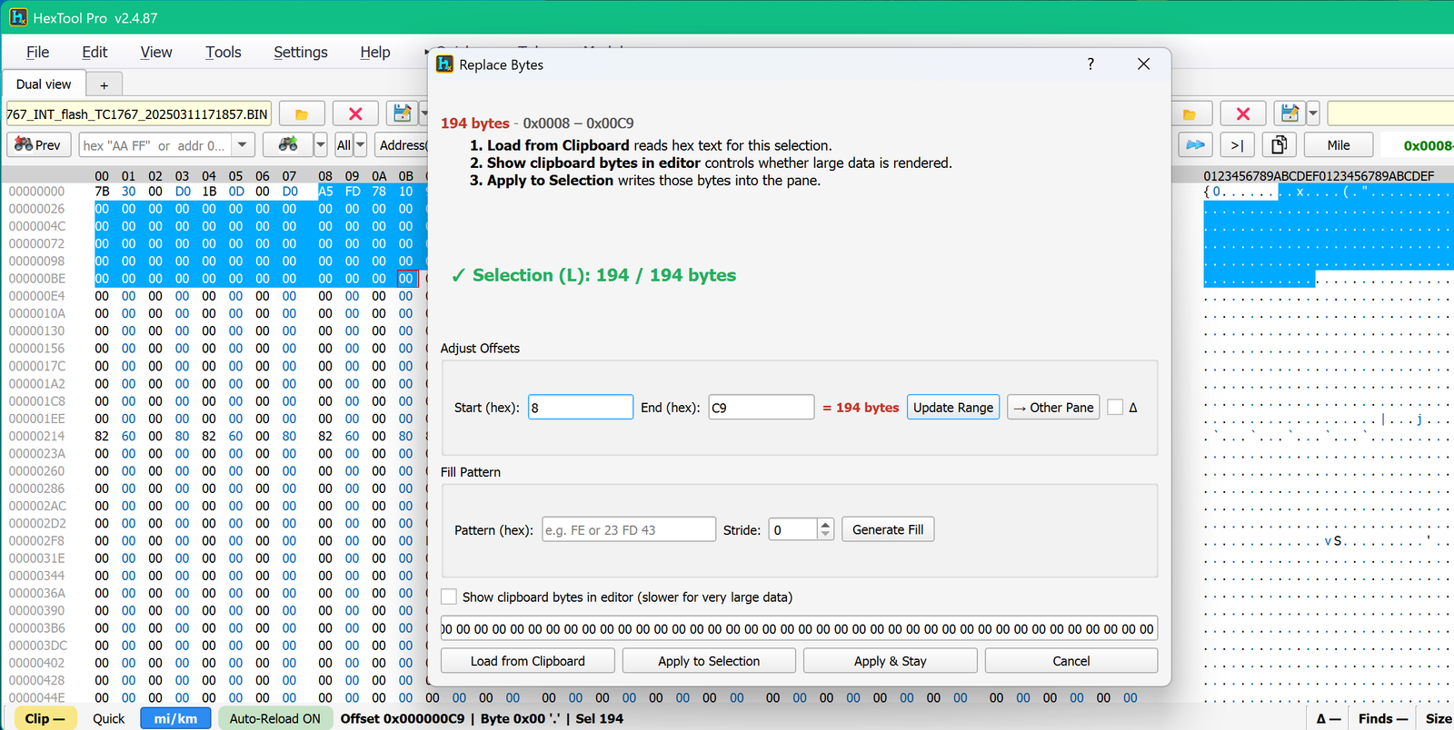 Holding a large selection opens Replace Bytes