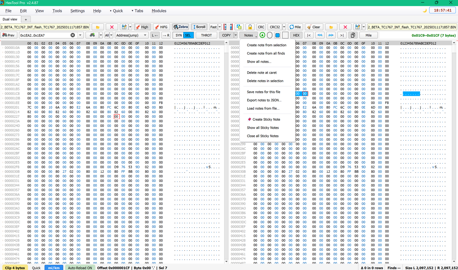 Notes dropdown menu