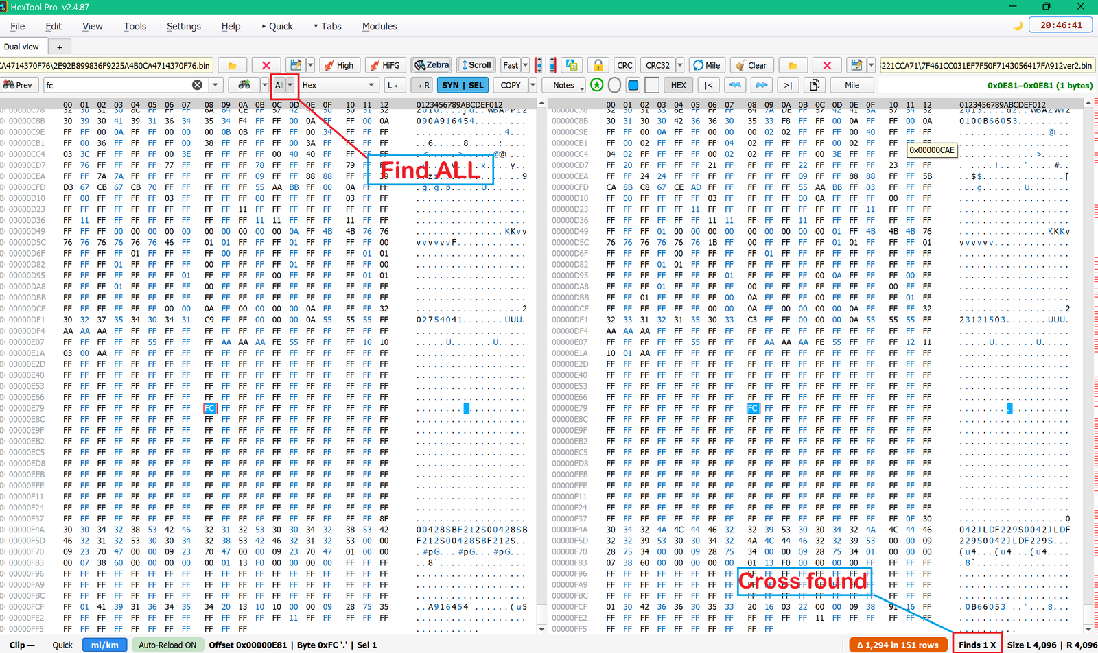 Cross-pane match found and locked in both panes