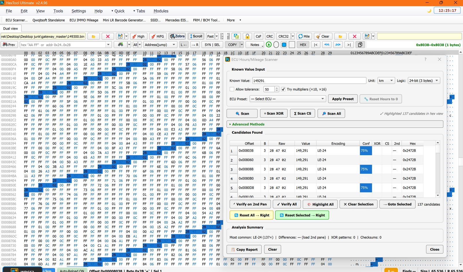 Populated scan — 137 candidates found and highlighted in the hex view