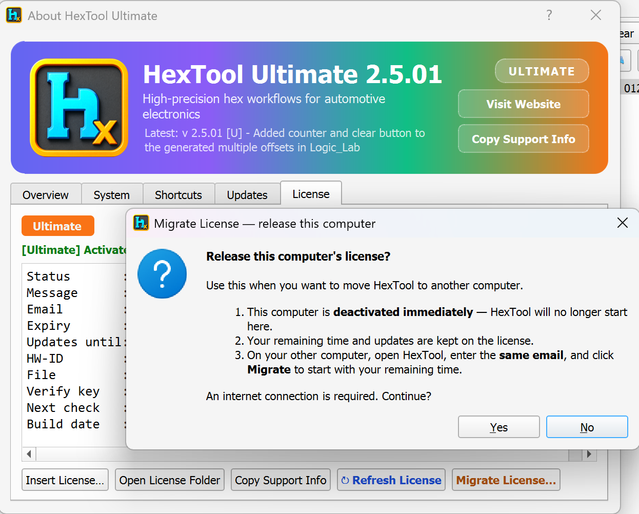 Migrate License — Release this computer confirmation dialog