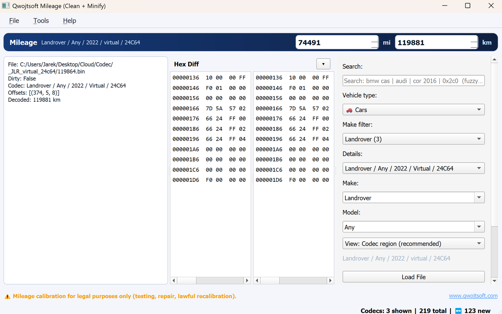 Qwojtsoft Mileage — Landrover codec loaded