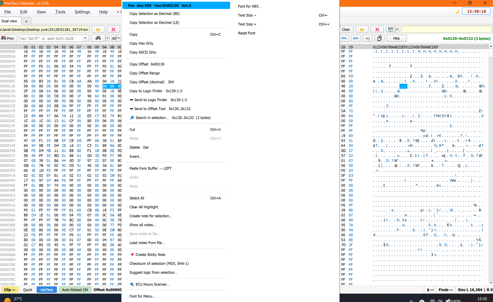 Right-click context menu on a selection