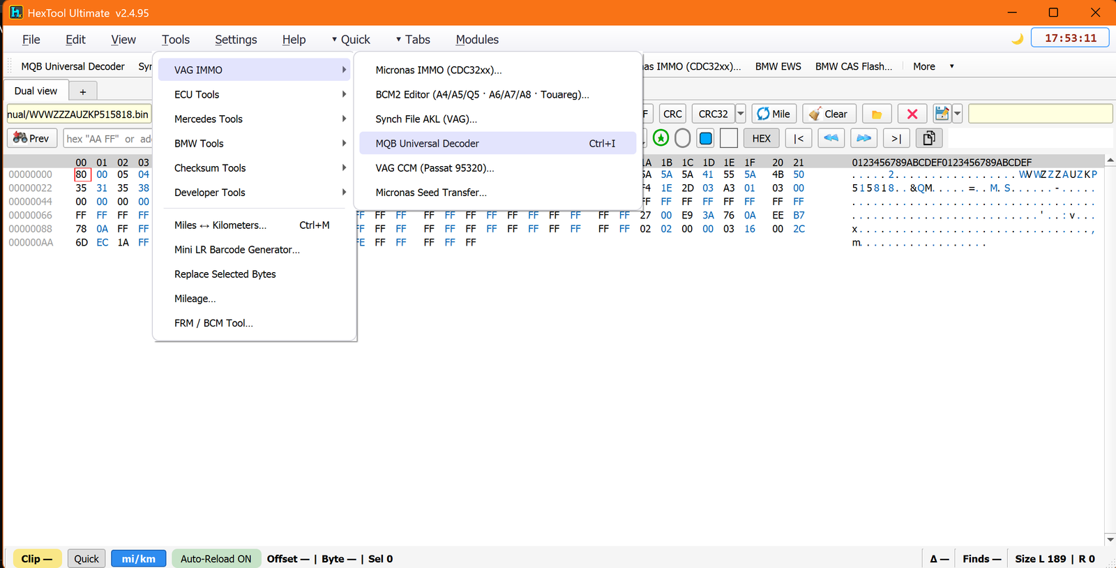 Tools → VAG IMMO → MQB Universal Decoder menu