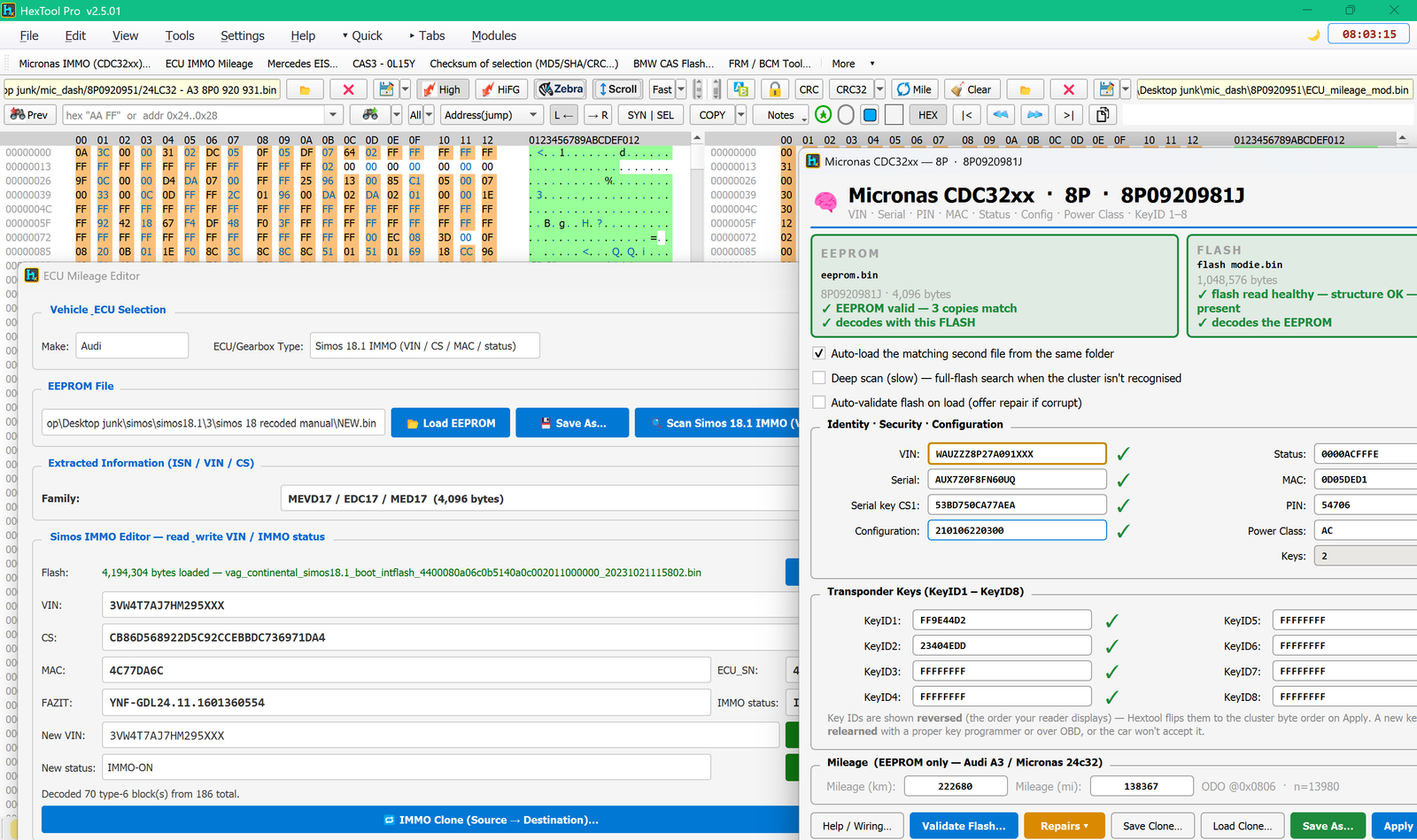 HexTool Pro — Simos 18.1 IMMO editor and Micronas CDC32xx cluster editor open over the dual-pane hex view
